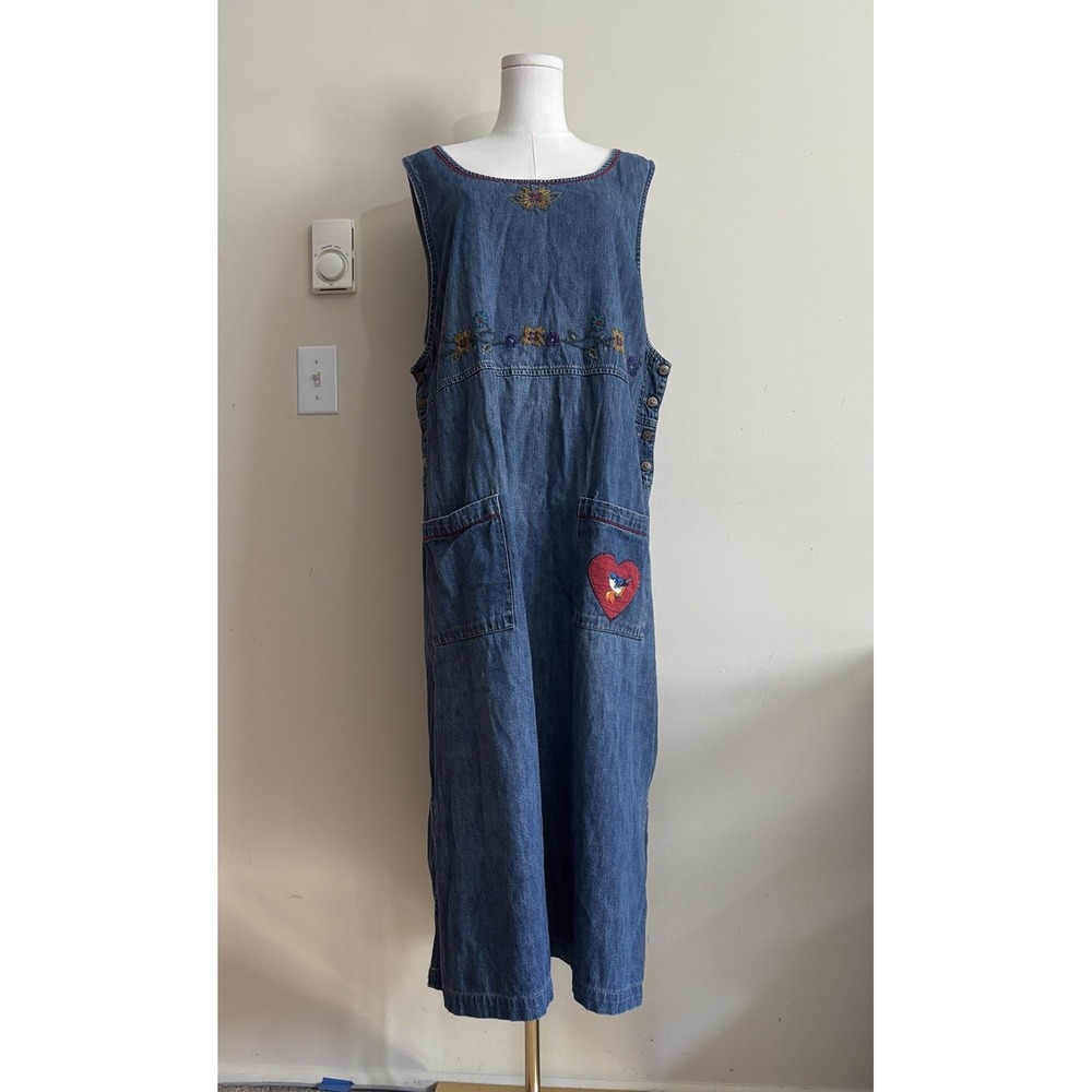 Vintage Y2K Embroidered Denim Overall Dress Plus Size 18 Bird Heart Teacher Twee
